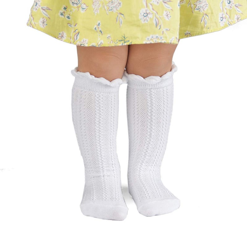 EPEIUS 3 Pairs Little Girls Cotton Uniform Knee High Socks Kids Boys Tube Ruffled Stockings for 6-8 Years,White - Image 2